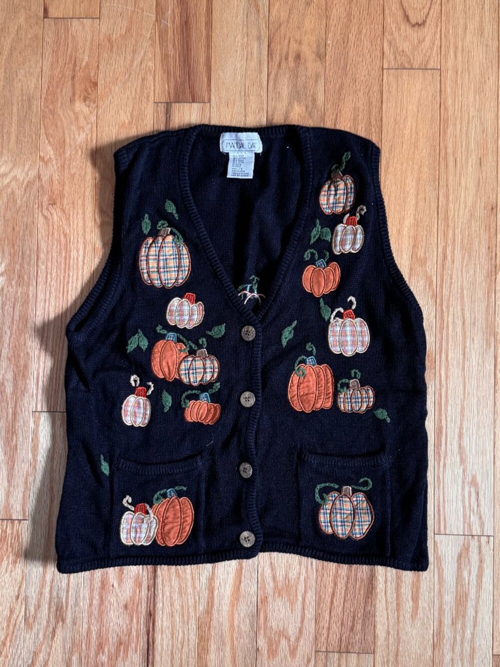 Vintage Mandal Bay Embroidered Pumpkin Sweater Vest Black Size Large